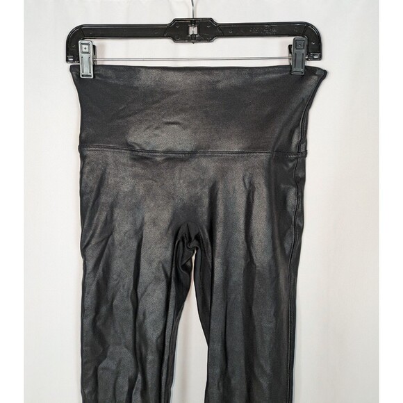 Spanx Leggings L Women's Black Shiny Faux Leather Look Pull On Skinny Ankle - Picture 2 of 6